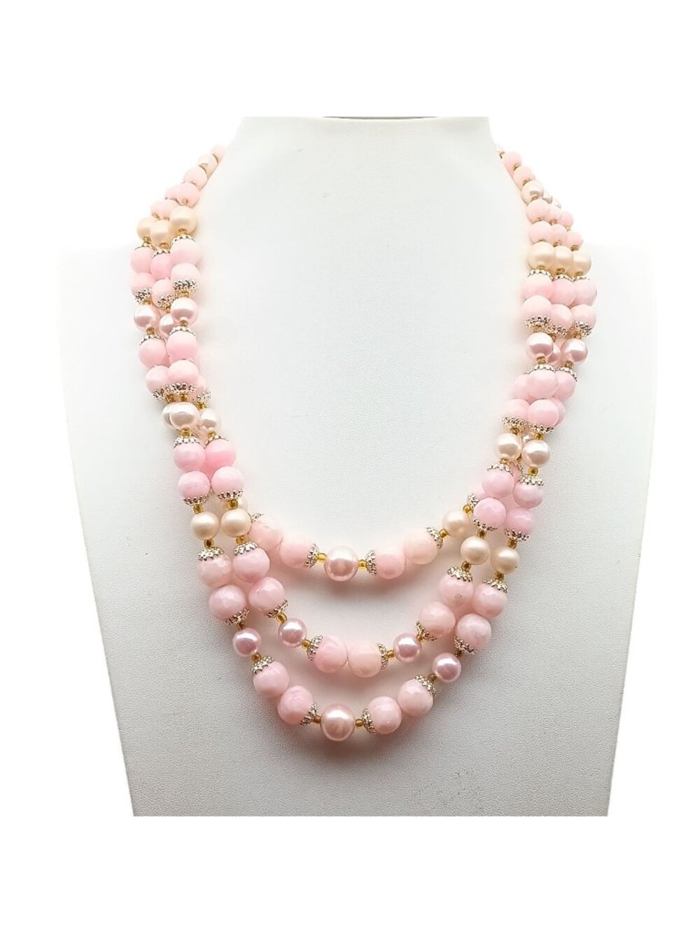 Vintage Multi-Strand Pink Bead & Faux Pearl Necklace with Golden Accents